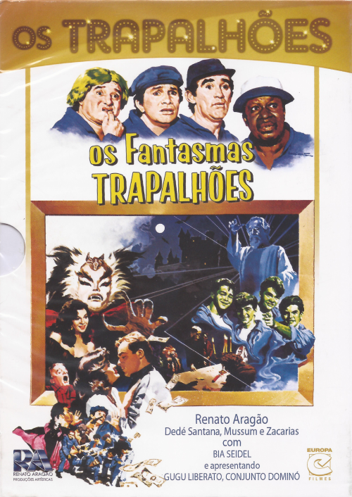 Capa do DVD do filme Os Fantasmas Trapalhões onde se vê os 4 Trapalhões no topo da capa, logo abaixo o título do filme e em seguida uma montagem de fotos com cenas do filme