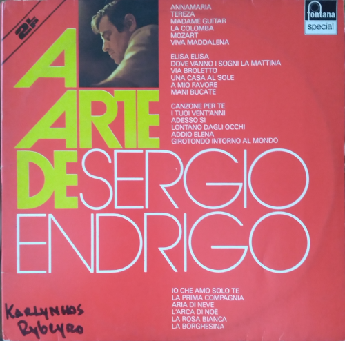 Capa de Disco com fundo vermelho. No topo à esquerda uma foto de Sergio Endrigo de perfil. Lê-se, em verde, as palavras A Arte de e em branco, Sergio Endrigo