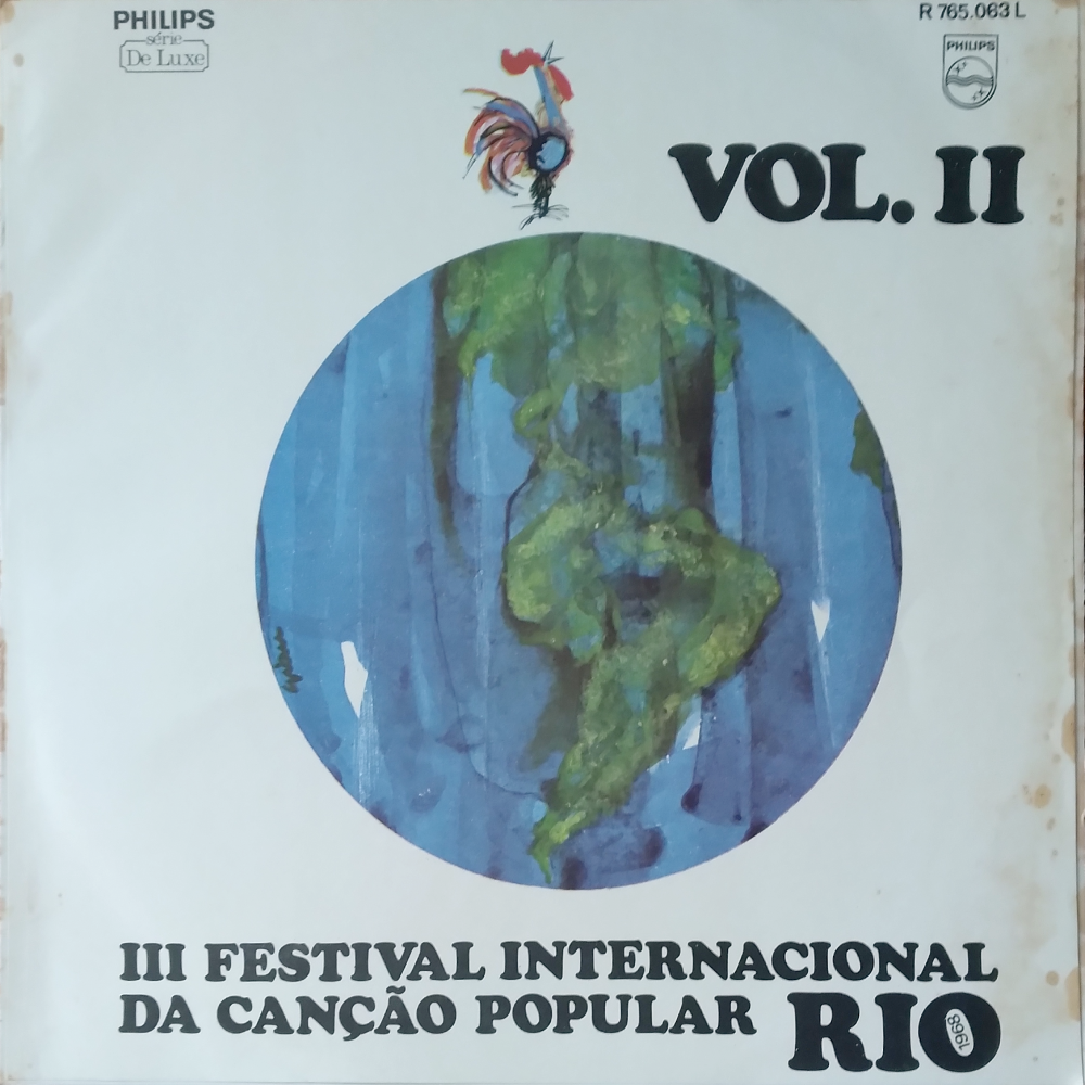 Capa do LP III Festival Internacional da Canção Popular Rio - volume 2. A capa tem uma ilustração de um galo sobre um globo terrestre.