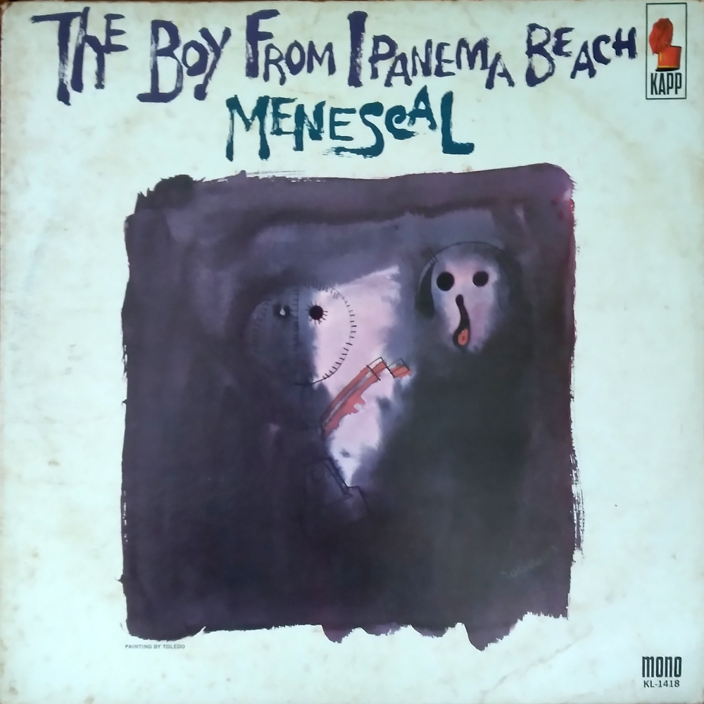 Capa do LP The Boy from Ipanema Beach - Roberto Menescal. No topo lê-se o título do LP em texto escrito à mão. No centro têm-se uma ilustração bem aquarelada de dois rostos sobre fundo preto