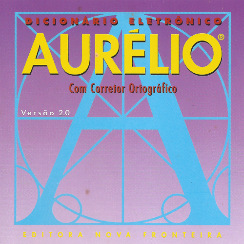 Capa do CD-ROM Dicionário Eletrônico Aurélio com Corretor Ortográfico. Ao centro da capa que tem fundo de degradê em lilás, vemos a letra A escrita em azul claro. No topo temos o título do CD escrito em vermleho e amarelo