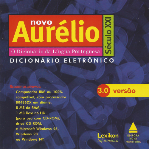 Capa do CD-ROM Novo Aurélio - dicionário Eletrônico. A capa possui fundo em tojs de azul com montagem de letras. No topo temos o nome do CD escrito em ammarelo sobre fundo vermelho. 